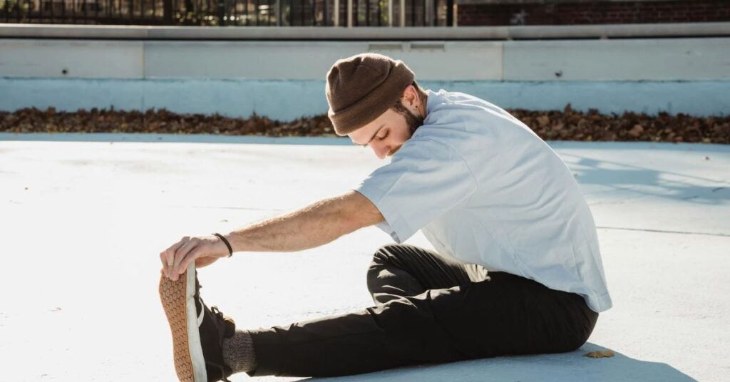 Side-by-side image of beginner stretching and advanced athlete sprinting outdoors.